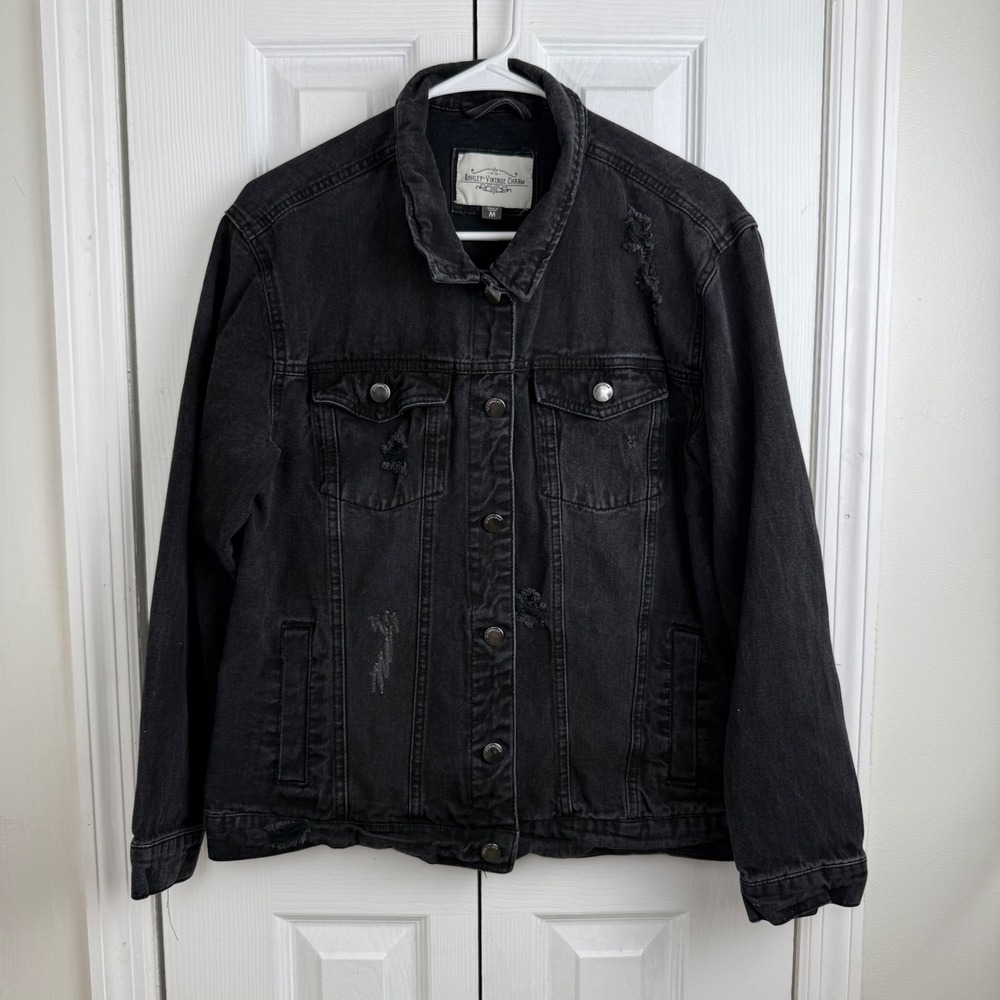 Ashley Vintage Charm Black‎ Distressed Denim Jacket Size M Trucker Goth